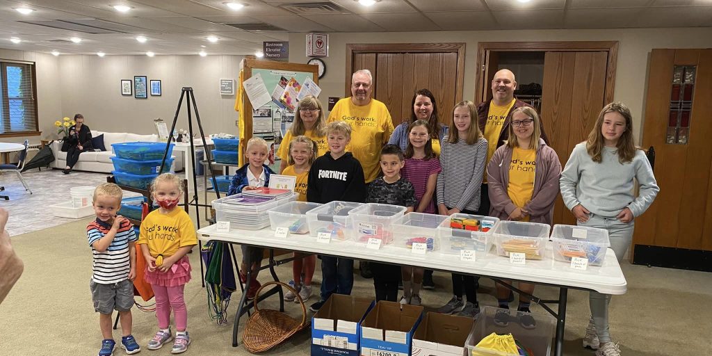 School kit packing at St. Mark's Lutheran Church for Lutheran World Relief.